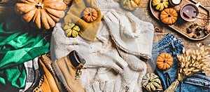 Flat-lay of fall trendy women outfit layout, wide composition