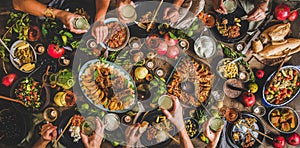 Flat-lay of family celebrating and having Turkish traditional meal