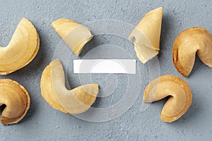 flat lay fortune cookies with blank note. High quality photo