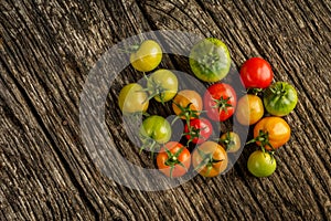 Flat-lay of fresh colorful ripe Fall or Summer heirloom tomatoes variety over rustic background, top view, copy space.