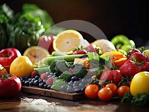 Flat lay of fresh juicy organic mixed fruits and vegetables. Still life colorful assorted fruits and vegetables