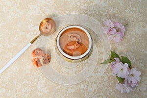 Flat lay with fresh lobster bisque soup
