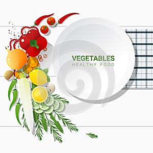 Flat lay Fresh vegetables on white table background , healthy food concept