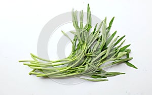 flat lay of fresh water morning glory, water spinach (ipomoea aquatica) isolated on white background.
