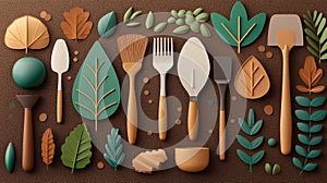 Flat Lay Garden Tools with Autumn Leaves on Brown