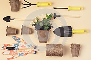 Flat Lay with Garden Tools Gardening Spring or Summer Concept Yellow Gloves Garden Shovel Rake and Thread are Lying on Yellow