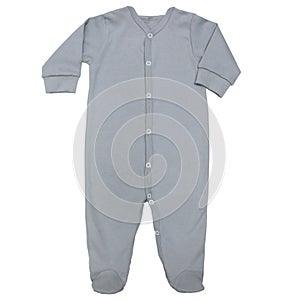 Flat Lay gray cotton sleep suit for baby with long sleeve isolated on a white background, for boys. Mock up for design