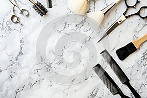 Flat lay of hairdresser tools on a marble table