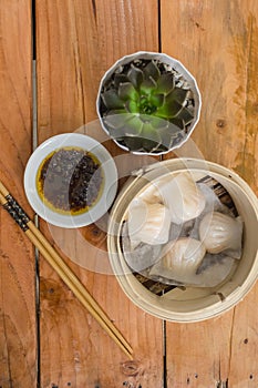 Flat lay of Har gow or Chinese shrimp Dumplings. Traditional Cantonese dumpling found in Guangdong province served as dim sum