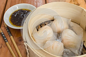 Flat lay of Har gow or Chinese shrimp Dumplings. Traditional Cantonese dumpling found in Guangdong province served as dim sum