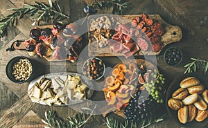 Flat-lay of holiday, party, family dinner table set with snacks