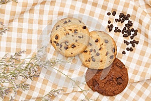 Flat lay of homemade sweets, Chocolate chip cookies and brownie cookie on brown gingham cloth