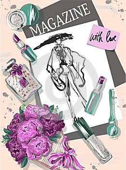 Flat lay illustration with bouquet of roses, sketch of girl, lipstick, brush, mascara, perfume, magazine. Vector.