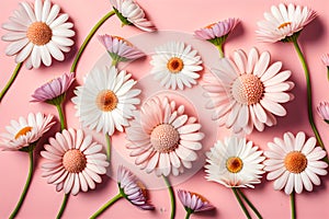 Flat lay Illustration concept white daisy flower, pastel pink background, 3D beautiful flowers are blooming, Valentineâ¬â¢s