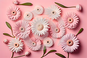 Flat lay Illustration concept white daisy flower, pastel pink background, 3D beautiful flowers are blooming, Valentineâ¬â¢s