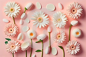 Flat lay Illustration concept white daisy flower, pastel pink background, 3D beautiful flowers are blooming, Valentineâ¬â¢s