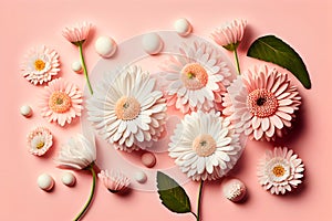 Flat lay Illustration concept white daisy flower, pastel pink background, 3D beautiful flowers are blooming, Valentineâ¬â¢s