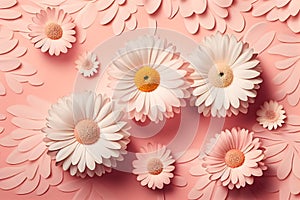 Flat lay Illustration concept white daisy flower, pastel pink background, 3D beautiful flowers are blooming, Valentineâ¬â¢s