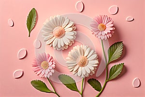 Flat lay Illustration concept white daisy flower, pastel pink background, 3D beautiful flowers are blooming, Valentineâ¬â¢s