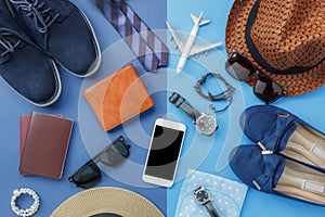 Flat lay image of accessory clothing man or women to plan travel in holiday