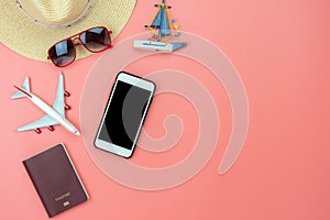 Flat lay image of accessory clothing man or women to plan travel in holiday background concept.
