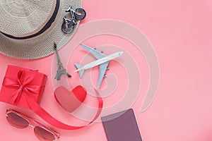 Flat lay image of accessory clothing man or women to plan travel in valentines