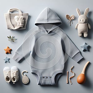 A flat lay image of a baby's outfit and accessories on a gray background.