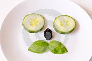 Flat lay image of funny cat-like face made with cucumber eyes, basil moustaches and dried fruit nose