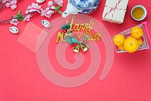 Flat lay image of items decoration & ornaments for Chinese new year and Lunar holiday