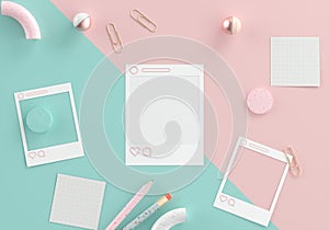 Flat lay Instagram frame, Minimal Instagram post on pastel background with paper clip, note, geometric objects and pencils 3D