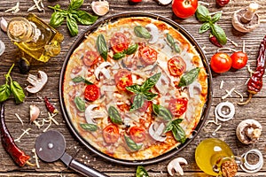 Flat lay with Italian pizza