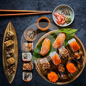 The flat lay of the Japanese food assortment - sushi, nigiri, tempura, maki, sashimi on dark background with copy space.