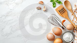 Flat Lay Kitchen Ingredients On Marble