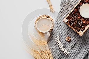 Flat lay knitted plaid, cup of coffee, wheat, autumn decor on white background. Still life nordic, Scandinavian home fall desk