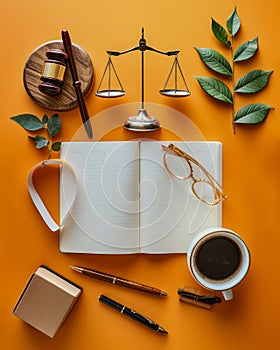 Flat Lay Legal Concept with Coffee, Glasses, Gavel, and Scales on Orange Background for Law Professionals