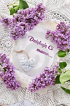 Flat lay with lilac blossoms for Mothers Day with inscription in Polish language translated as Thank you mom