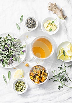 Flat lay liver detox antioxidant tea and the ingredients for it on a light background, top view.