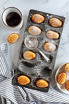 Flat lay with madeleine cakes in a baking tin, coffee a plate of cakes and a tea towel