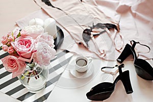 Flat lay, magazines, social media. Top view pink lace lingerie. Beauty blog concept. Woman fashion accessories