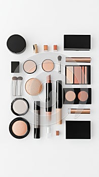 A Flat Lay of Makeup Products Arranged on a White Surface