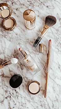 A flat lay of makeup products on a marble surface