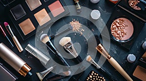 Flat lay of makeup tools on a black surface