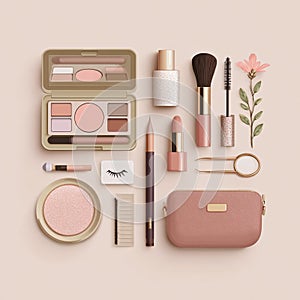 Flat Lay of Makeup Tools and Cosmetics in Soft Pastel Style