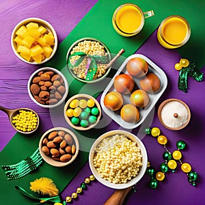 Flat lay of Mardi Gras foods