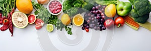 Flat lay masterpiece of pure, raw food: vibrant fruits and vegetables background banner.