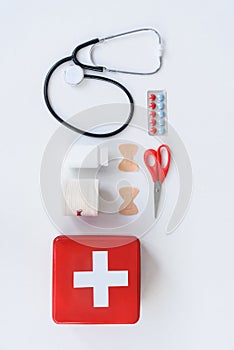 flat lay with medical and first aid kit objects,