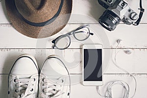 Flat lay of men casual fashion outfits on wooden background