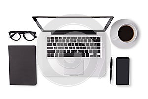 Flat lay of men device accessories in black tone color on office desk table such as notebook laptop computer , cup of coffee