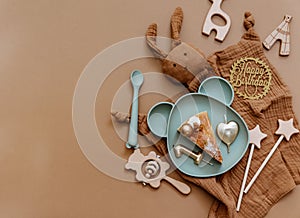 Flat lay minimal Baby birthday concept. Top view composition with newborn