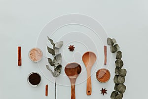 Flat lay minimal background for backing. Kitchen utensils